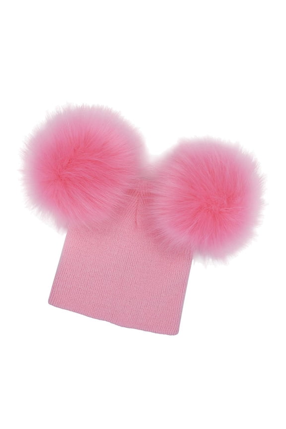 Baby Kids & Mom Knit Knitted Winter Warm Bobble Hat Double Two Pom Pom Pink for Baby