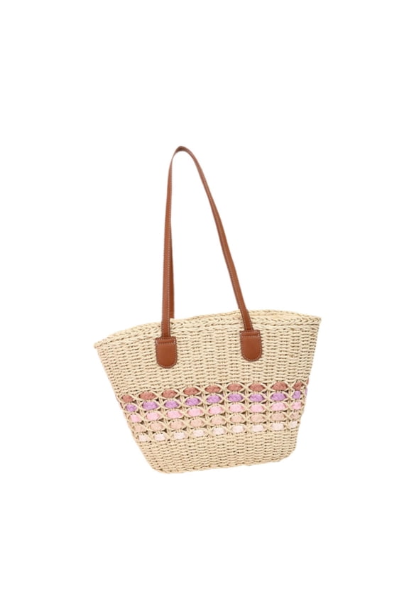 Beach Tote Casual Shopping Bag Pouch Woven Tote Bag for Work Outdoor Vacation Beige Pink