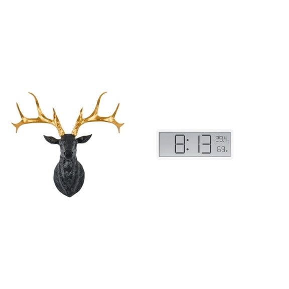 Dualoai Boho Resin Deer Head Wall Sculpture Collectible with Digital Clock Display Temperature Humidity for Office Home Bedroom Classroom Decor