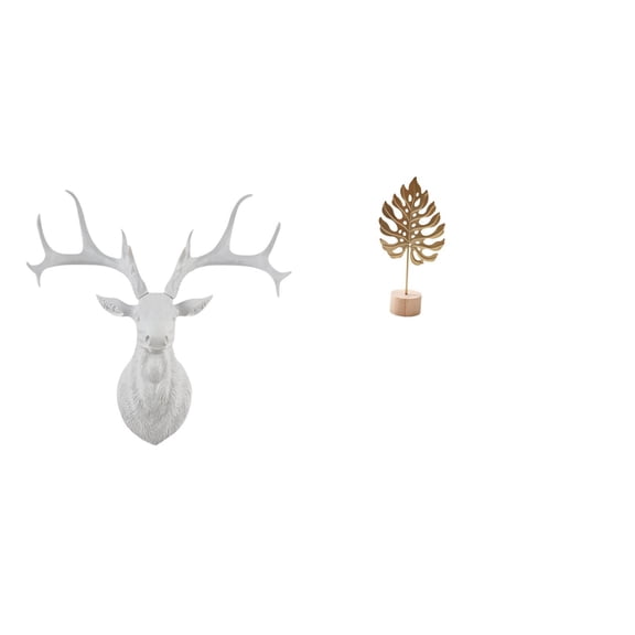 Dualoai Boho Resin Deer Head Wall Sculpture with Leaf Shaped Metal Accents Abstract Nordic Creative Artwork for Home Office Table Decor Collectible