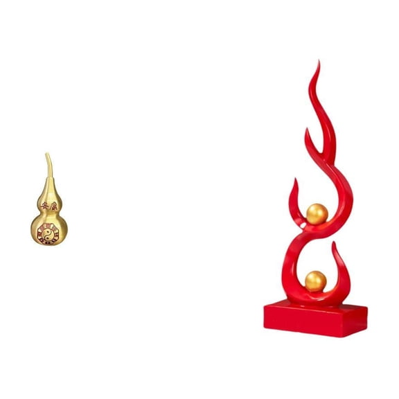 Dualoai Brass Gourd and Abstract Fire Statue Feng Shui Ornament Resin Flame Figurine Centerpiece for Spring Festival Modern Desktop Decor Multifunctional Souvenir Gift for Patio Office Bookshelf