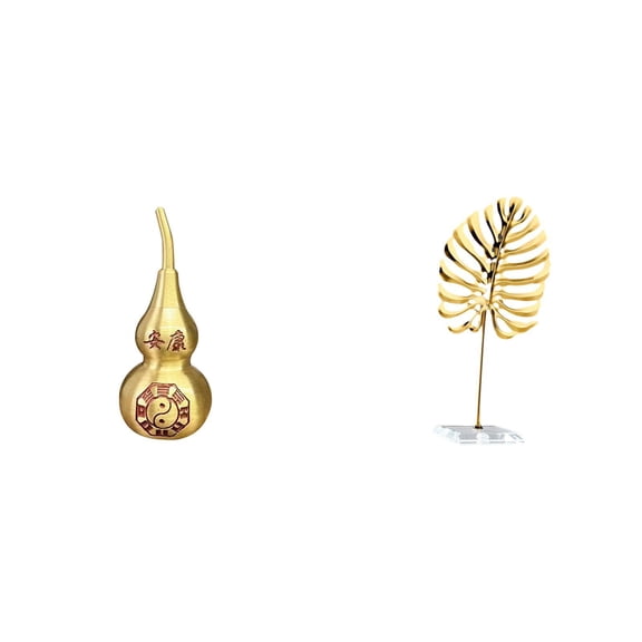 Dualoai Brass Gourd and Metal Leaf Statue Feng Shui Ornament Abstract Sculpture Souvenir Centerpiece for Spring Festival Home Decor Multifunctional