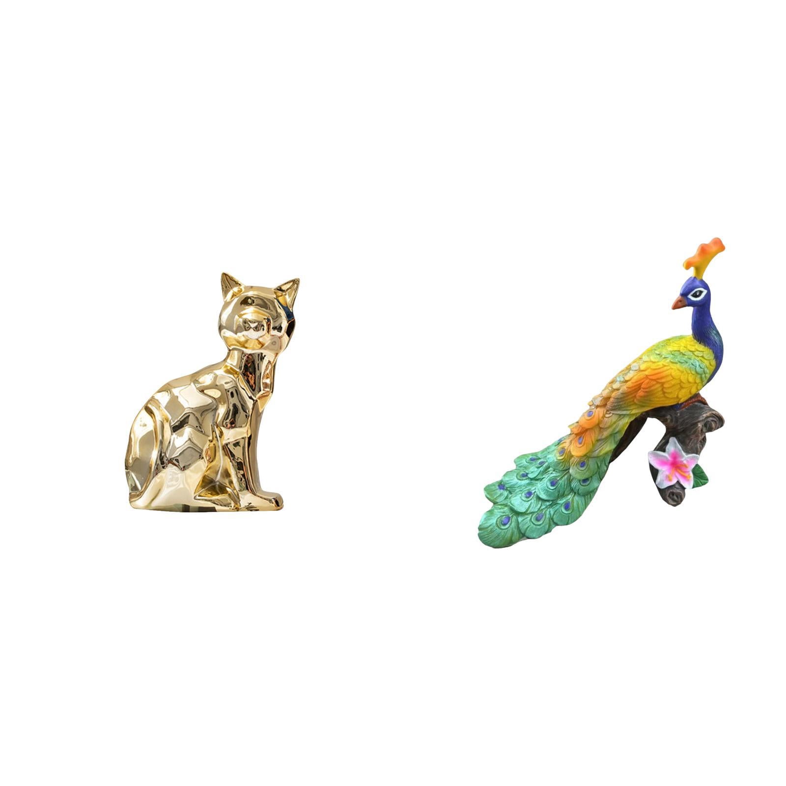 Dualoai Cat Peacock Statue Decorative Figurine Animal Sculpture Art Craft Ornament for Fireplace Garden Home Decoration Yard