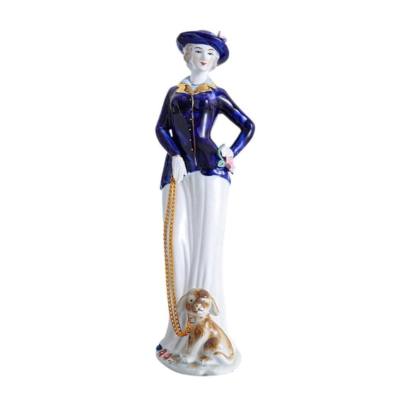 Dualoai Ceramic Lady with Dog Statue European Girl Figurine for Office Shelf Bedroom Style D