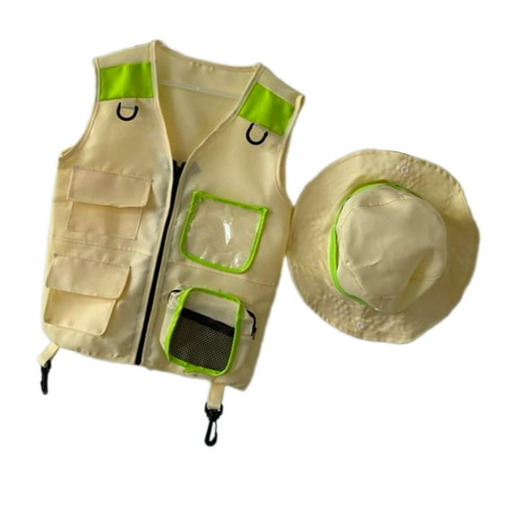Dualoai Children Explorer Vest Hat Children Fishing Outfit Outfit Vest Outdoor Adventure Green