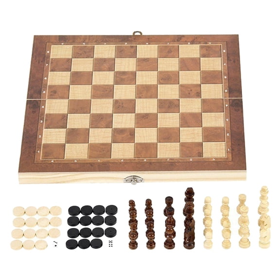 Dualoai Classic Mahogany Wooden Chess & Checkers Set Folding Chessboard Portable Handmade Chess Pieces Travel Board Game 44x44cm