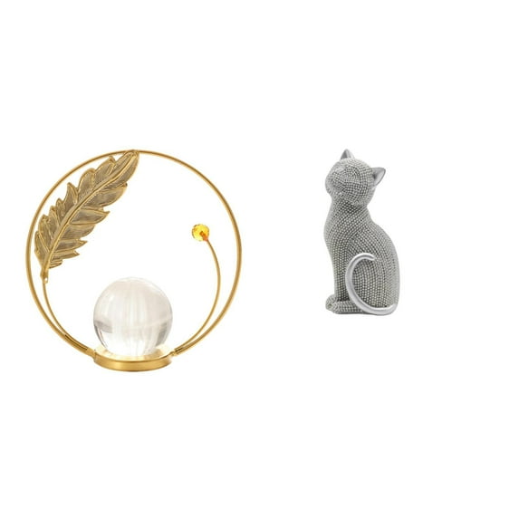 Dualoai Crystal Cat Ball Resin Metal Sculpture Figurine Ornament Statue Stand for Desk Entrance Fireplace Bedroom Living Room Office Bookshelf