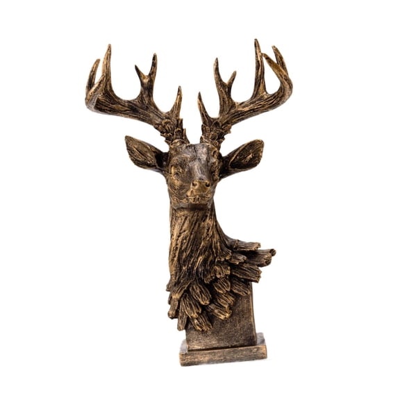 Dualoai Deer Head Statue Decor Art Resin Sculpture for Fireplace Living Room Desktop Brown