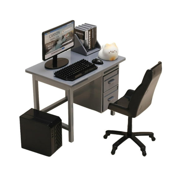Dualoai Doll House Decoration Decorative Office Furniture Set Miniature Computer Set Grey Desk