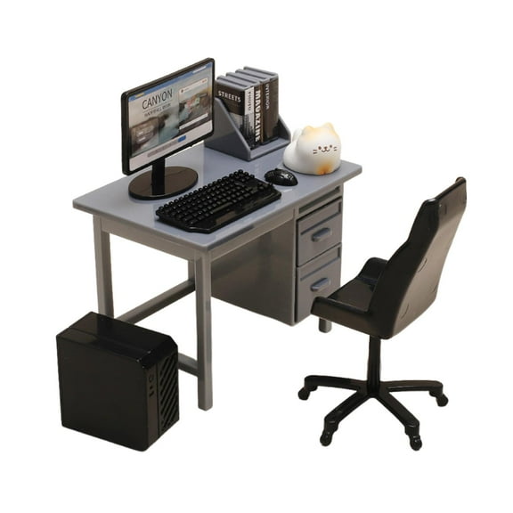 Dualoai Doll House Decoration Decorative Office Furniture Set Miniature Computer Set Grey Desk