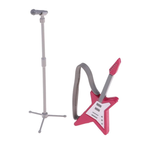 Dualoai Dollhouse Miniature Guitar Microphone Model Vocal Concert Set Kids Pretend Play