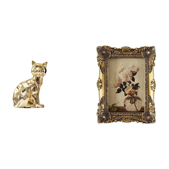 Dualoai Elegant Feline Sculpture and Vintage Photo Frame Artistry for Fireplace and Tabletop Display Ornamental Home Decor Accent Piece