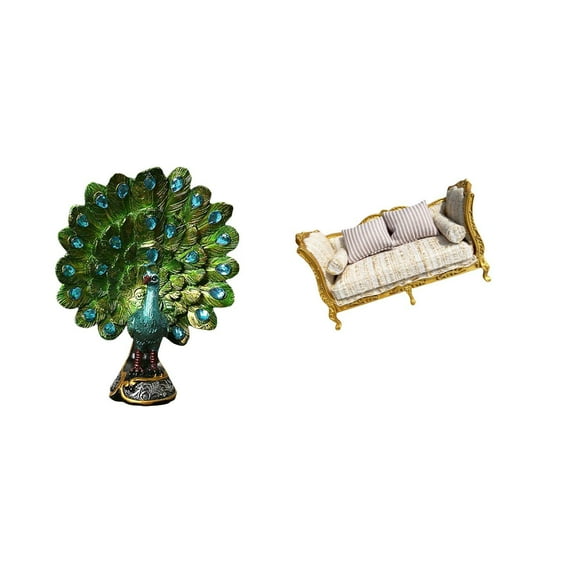 Dualoai Elegant Peacock Animal Sculpture and Miniature Wood Sofa Collection for Bedroom Office Living Room Bookshelf Dollhouse DIY Home Decoration