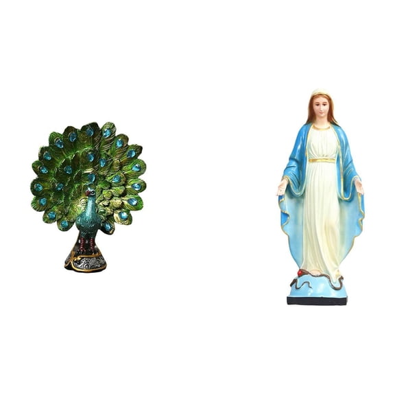 Dualoai Elegant Peacock Lady Graceful Animal Sculpture Collection Virgin Mary Religious Statue Ornament for Bedroom Office Living Room Bookshelf Home Decor