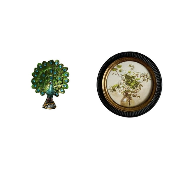 Dualoai Elegant Peacock Sculpture and Antique European Photo Frame Collection for Bedroom Office Living Room Bookshelf and Retro Home Decoration Display
