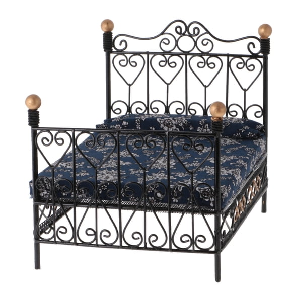 Dualoai European 1:12 Metal Bed with Floral Mattress Accessories for Dolls House Bedroom