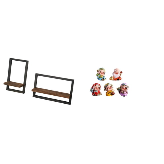 Dualoai Floating Shelves Wood Wall Display Set Rustic Modern Storage for Kitchen Office Dining Room with God of Fortune Figurines Resin Statues Bedroom New Year Decor