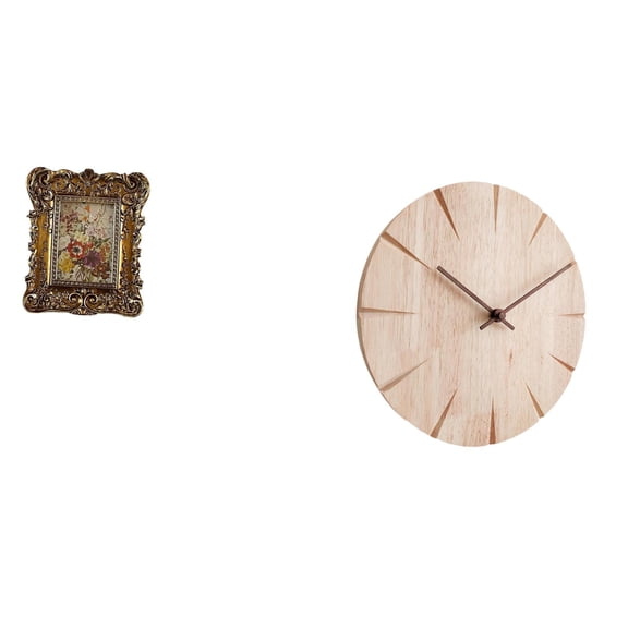 Dualoai Floral Wood Photo Frame and Silent Wall Clock Set Antique Decorative Gift for Office Home Dorm Wedding Restaurant