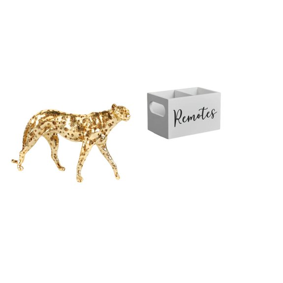 Dualoai Golden Cheetah Remote Organizer Sculpture Decorative Tabletop Centerpiece Wooden Animal Holder for Office Home and Nightstand Decor
