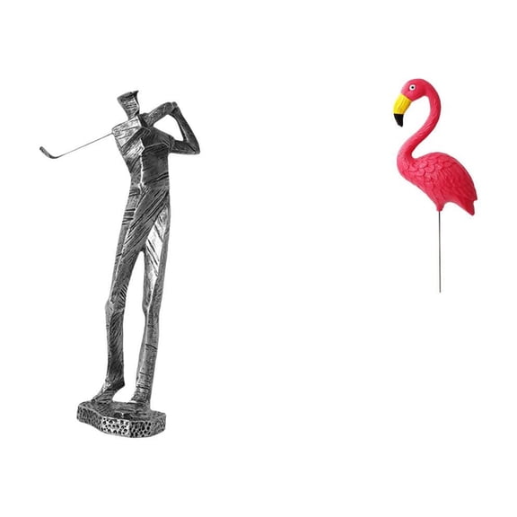 Dualoai Golfing Bird Resin Figurine Decoration Modern Golfer Flamingo Sculpture for Garden Shelf Club Farmhouse Holiday Spring Ornament