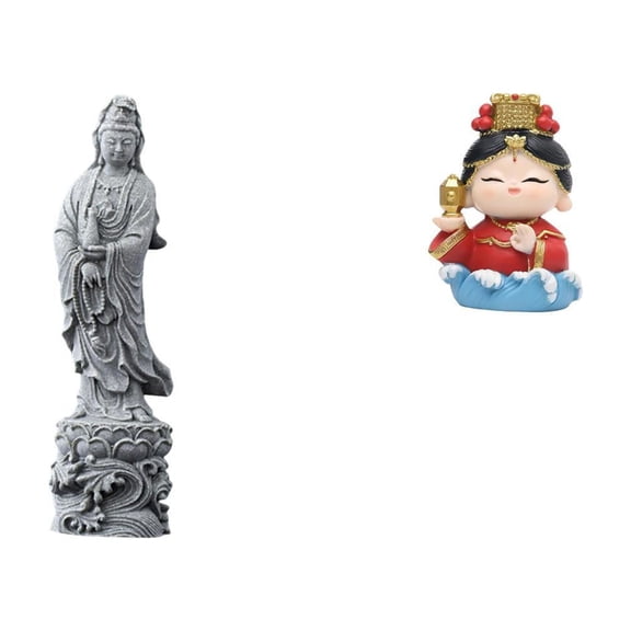 Dualoai Guan Yin Mazu Mother Statue Stone Resin Collectible Feng Shui Buddhist Sculpture Ornament for Indoor Bedroom Hallway Fireplace Desktop Cabinet
