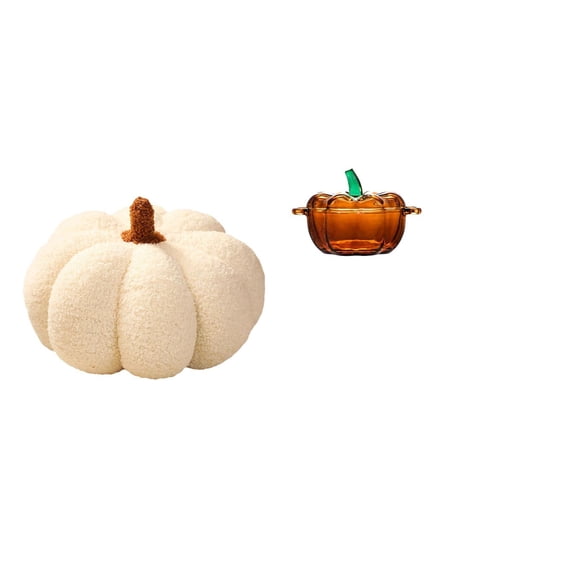 Dualoai Halloween Pumpkin Plush Cushion for Sofa Bed Room Decor and Glass Candy Dish with Lid Pumpkin Shaped Serving Bowl Cookie Jar Orange