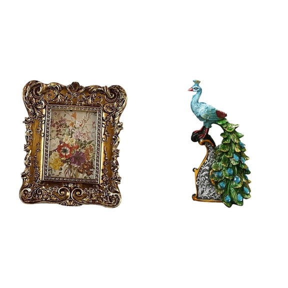 Dualoai Hand Carved Floral Peacock Photo Frame Sculpture Collection Elegant Tabletop Wall Mounted Antique Picture Holder Ornament for Office Dorm Bedroom Living Room Bookshelf Home Decor