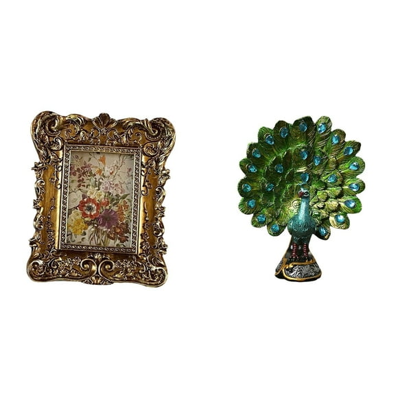 Dualoai Hand Carved Floral Peacock Photo Frame Sculpture Collection Elegant Tabletop Wall Mounted Antique Picture Holder Ornament for Office Dorm Bedroom Living Room Bookshelf Home Decor