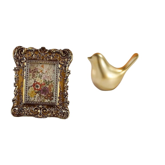 Dualoai Hand Carved Floral Photo Frame with Golden Birds Figurine Antique Picture Holder and Modern Animal Statue for Office Dorm Home Decor Wedding Housewarming Gift