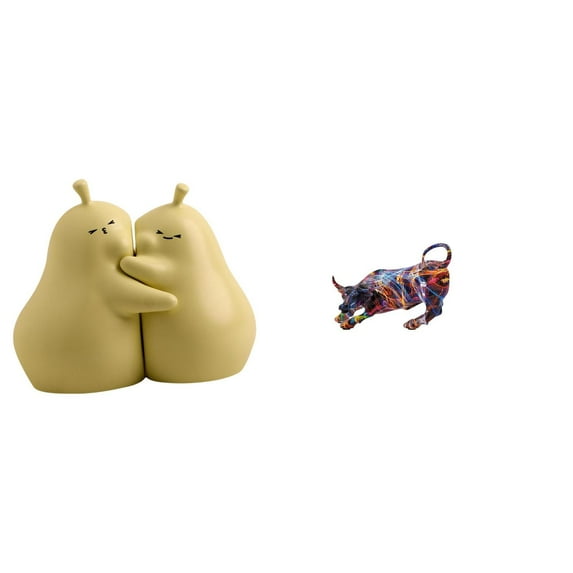 Dualoai Hugging Pear Book Stand Ceramic Bookend Fine Workmanship Modern Resin Bull Figurines Artwork Colorful Feng Shui Animals Sculpture Collection Statues for Living Room Desk Ornament
