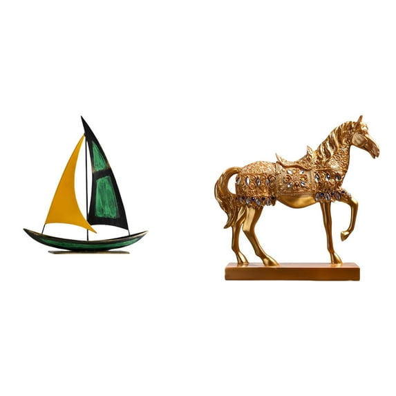 Dualoai Iron Sailboat Horse Sculpture Tabletop Ornament Feng Shui Decor Collection Decorative Figurine for Table Centerpiece Desk Bookshelf Animal Statue Engraved Resin Home Office Decor