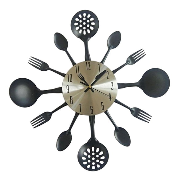 Dualoai Kitchen Wall Clock 3D Kitchen Spoon Fork Wall Clock Wall Wall Room Black