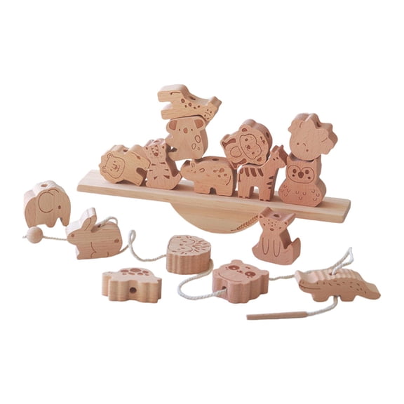 Dualoai Lacing Beads Toy Balance Game Motor Skills Wooden Animal Blocks Stacking Toy