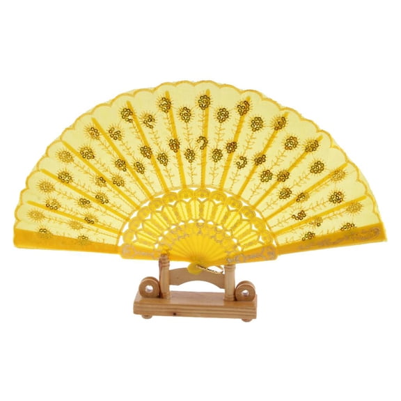 Dualoai Lots Spanish Hand Held Fabric Silk Flower Folding Fan Wedding Decor Party Gift Yellow