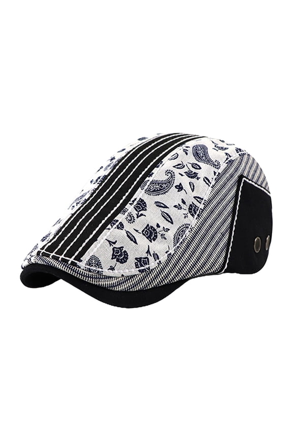 Men's Cotton Flat Newsboy Hat with Adjustable Buckle, Fahion Paisley Pattern, 2 Black