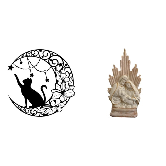 Dualoai Metal Moon Decor Black Cat Wall Sculpture Classic Christian Catholic Resin Statue Figurine for Office Table Car Home Decoration Cat Lover Gifts