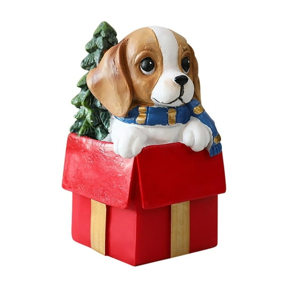 Dualoai Miniature Chrismas Dog Figurine Christmas Decorations Puppy Ornament Resin Sculpture for Home Desk Birthday Party Living Room Red