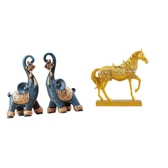 Dualoai Modern Resin Elephant and Horse Figurine Sculpture Ornament Art Craft Collectible Animal Statue Engraved Decoration for Desktop Shelf Home Office Gifts