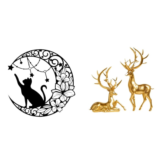 Dualoai Moonlit Cat and Deer Harmony Metal Wall Art Sculpture for Living Room Decor Cat Lover and Deer Figurine Collection Black Cat and Deer Decorative Gift