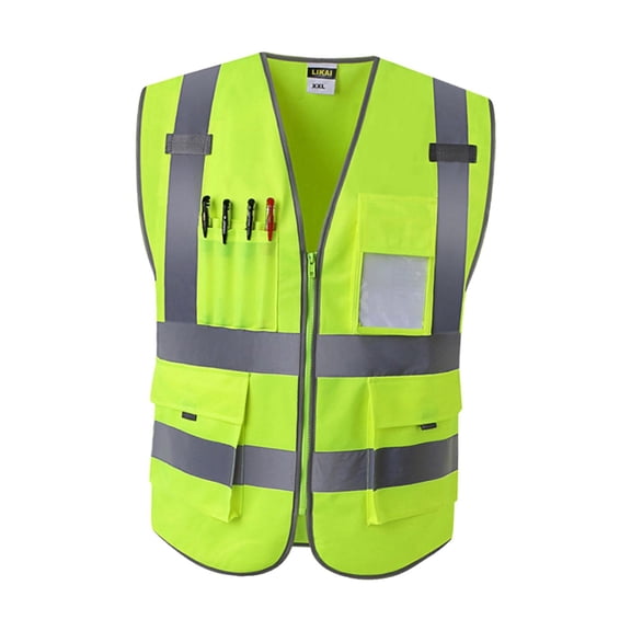 Dualoai Multi Pockets High Visibility Zipper Front Safety With Reflective Strips, Premium, 3 Sizes 2 Colors Optional , XXL Shiny Green