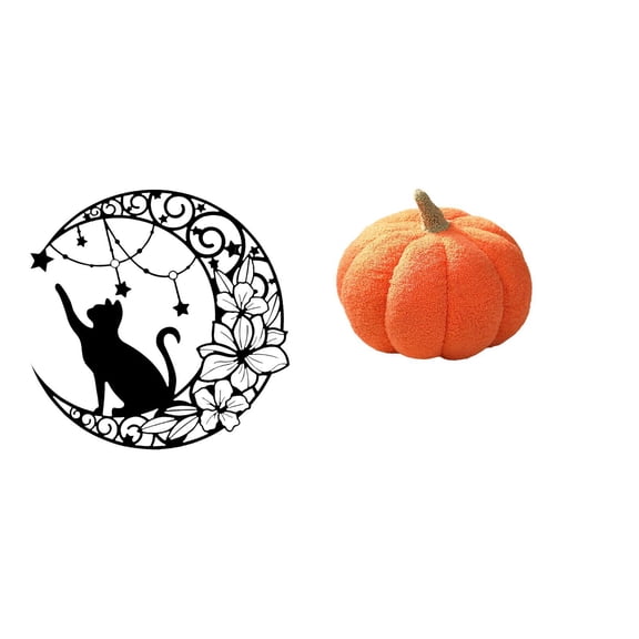 Dualoai Mystical Black Cat Moon Wall Art and Halloween Pumpkin Plush Pillow Decor for Cat Lovers Bedroom Sofa Cushion Sculpture Gift