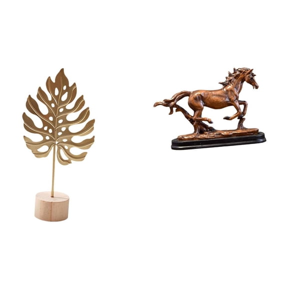 Dualoai Nordic Abstract Metal Leaf Horse Sculpture Figurine Creative Ornament for Table Desk Party Home Living Room Bookcase Decoration Collectible Art