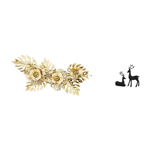 Dualoai Nordic Metal Wall Art Sculpture Featuring Elegant Flower Leaves and Black Deer Resin Figurine for Dining Room Living Room Home Decoration Gift