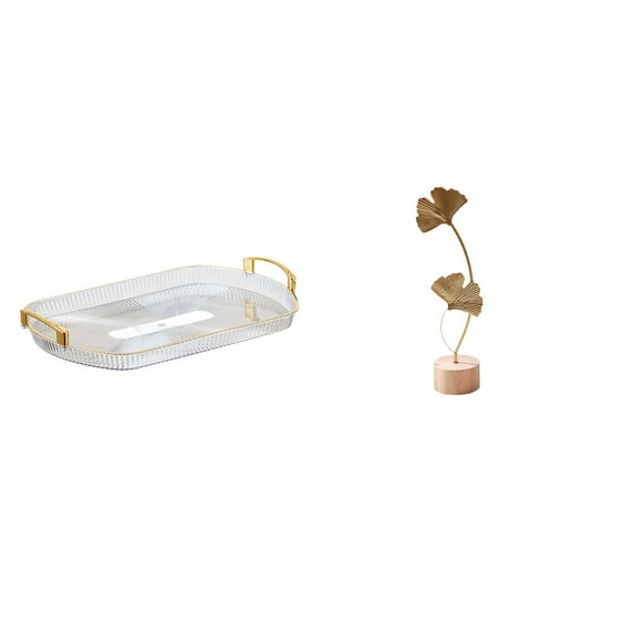 Dualoai Nordic Rectangle Vanity Tray Organizer with Leaf Sculpture Metal Leaf Statue Leaf Shaped Figurine Crafts for Dining Room Office Home Bedroom Table Party