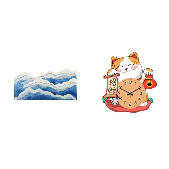 Dualoai Ocean Rug and Cat Wall Clock Non Ticking for Home Decor Gift Non Slip Carpet Nursery Rug Silent Hanging Clock for Kids Bedroom Kitchen Playroom Household