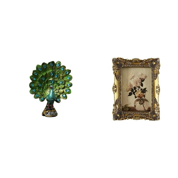 Dualoai Peacock Statue Animal Sculpture Collection and Photo Frame Ornate Picture Frame Vintage Resin Decorative Photo Display Frame Ornament for Elegant Tabletop Bedroom Office Living Room