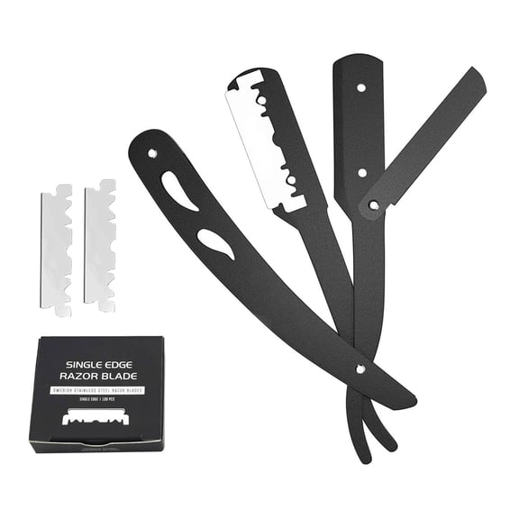 Dualoai Professional Stainless Steel Barber Straight Edge Razor with 100x Blades, Rust Black
