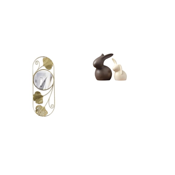 Dualoai Reflective Bunny Mirror Decor for Living Room Corridor Cabinet Entryway Hallway with Ceramic Statue Set Porcelain Bunny TV Stand Easter Garden