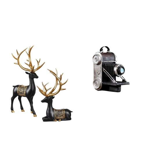 Dualoai Reindeer Elk Deer Resin Sculpture and Camera Statue Model Unique Decorative Figurine Collection for Tabletop Cabinet Wedding Housewarming