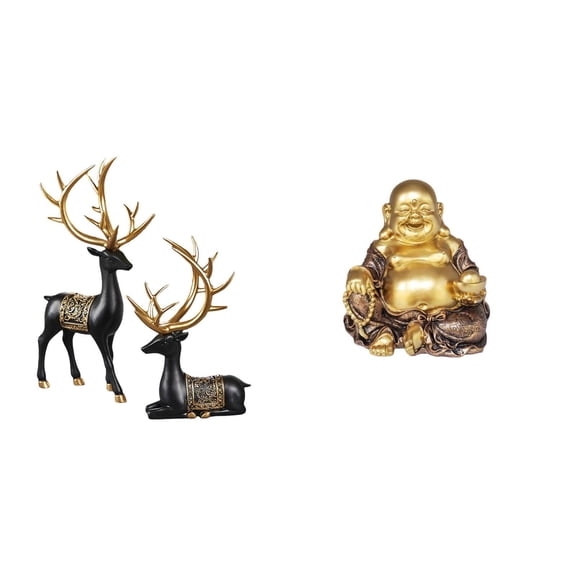 Dualoai Reindeer Elk Resin Statue and Maitreya Buddha Sculpture Collection Deer Figurine Animal Figure Feng Shui Tabletop Ornament for Wedding Anniversary Housewarming Party